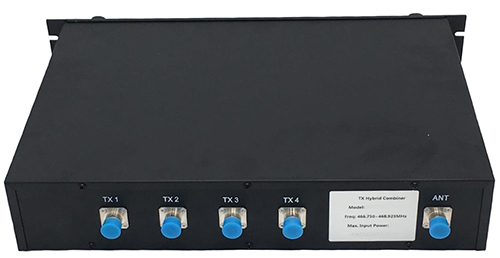 VHF 4-way TX hybrid combiner, 136-174MHz, freq. spacing 5MHz,.>50dB port isolation. 50W per port